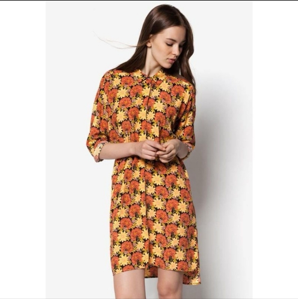 Topsho Bright Floral Marigold Mini Shirt Dress Size 2